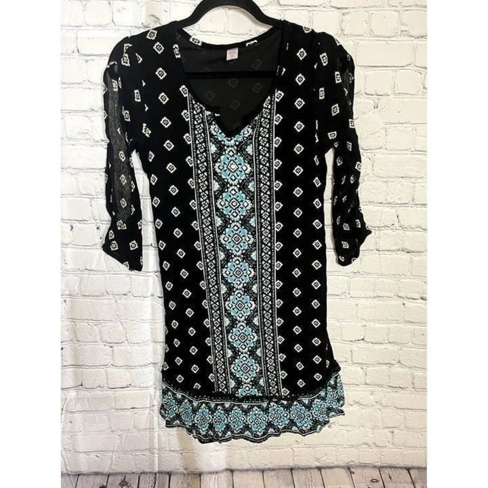 Justice Girls Black Turquoise Geometric Boho Cold Shoulder Tunic Top Size 18